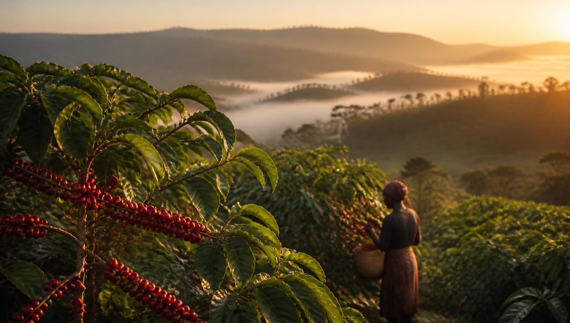 Ripe coffee cherries on a Kenyan highland estate at sunrise