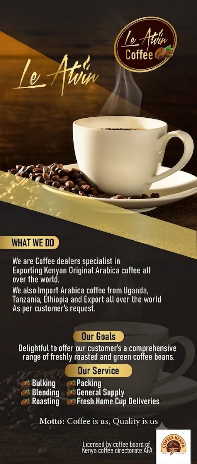 Le-Alvin Coffee retail flyer — Dark Roast and Medium Roast, 100% Arabica