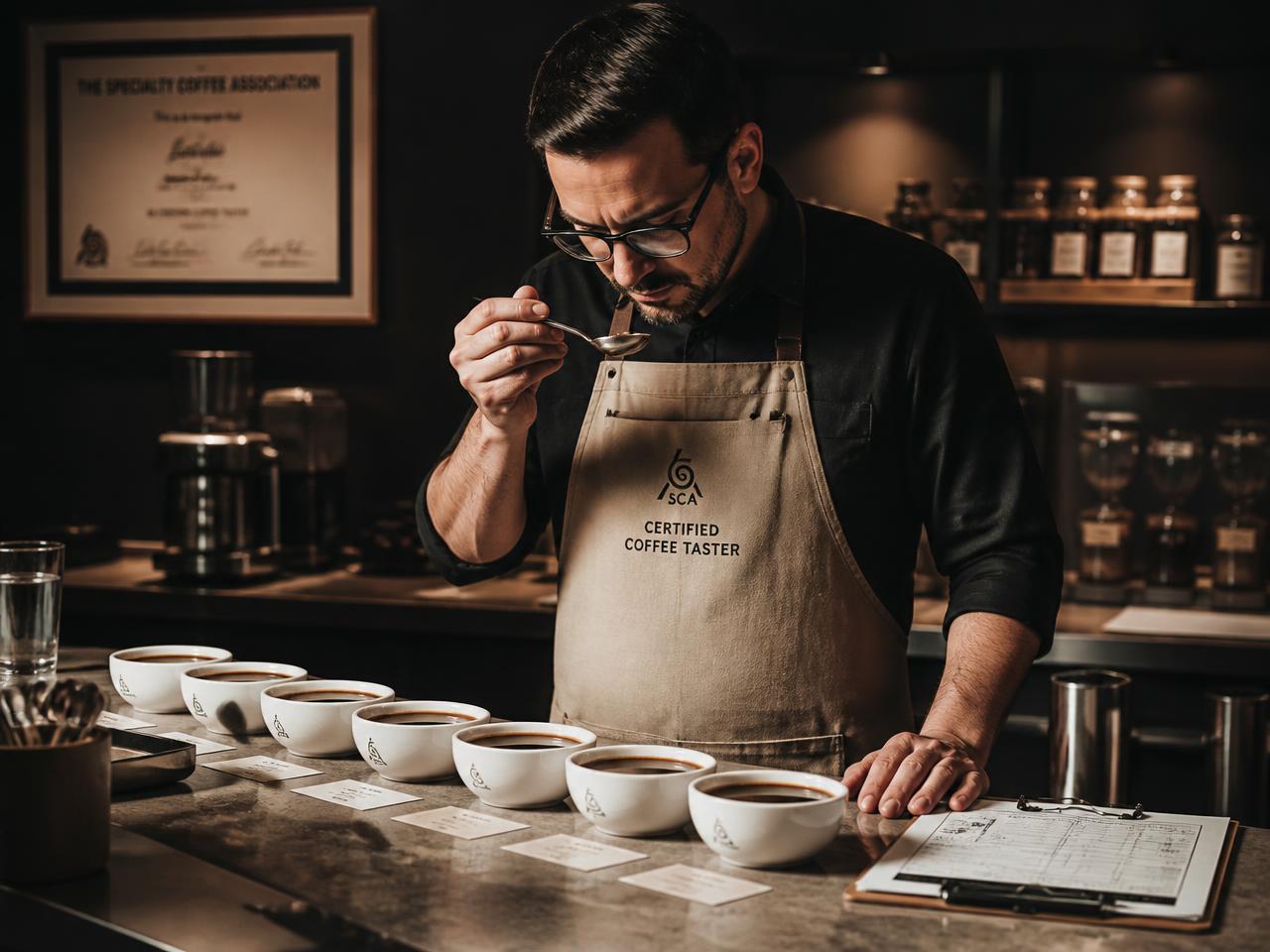 Certified liquorer cupping coffee samples in the LeAlvin taste lab